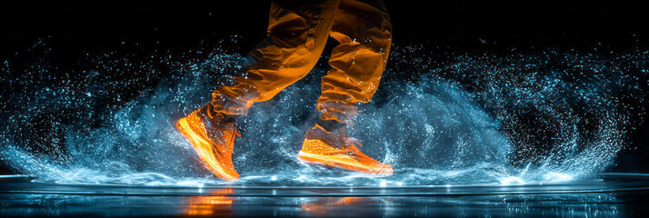 Leinwandbilder - A close-up of a personâ€™s legs in motion within a spinning wheel, with the blurred effect of the wheel creating a sense of speed, on a plain black background for contrast,