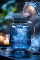 Poster - A sleek modern pitcher with water being poured in and visibly filtered through, set on a plain gradient blue background to evoke freshness,