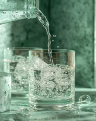 Poster - A vibrant image of a person smiling as they pour water into a glass from a stylish cooler, 