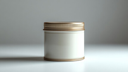 Fototapete - An elegant metal tin of baby formula with a plain white surface and a simple beige cap, set against a clean light gray background for a professional and hygienic presentation,