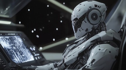 Futuristic cockpit, humanoid robot, space travel, sleek design, sci-fi concept, advanced technology, astronaut pilot, digital interface, exploration