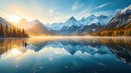 Fototapete - serene mountain landscape at sunrise, with snow-capped peaks reflected in a calm lake, and a person in a canoe on the water.
