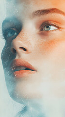 Wall Mural - Ethereal Beauty, A Woman's Face, Freckles, and Gaze, Dreamlike and Serene.