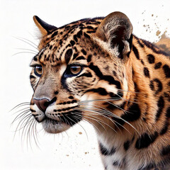 Wall Mural - A stealthy clouded leopard stalking its prey, painted with sleek and curving brushstrokes to convey its predatory motion. The design is bold and dynamic, set against a clean white background