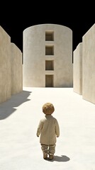 Canvas Print - Child facing minimalist beige architecture.