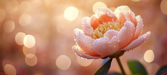Wall Mural - A Delicate Pink Peony in Bloom, Adorned with Glistening Dewdrops and a Dreamy, Sunlit Bokeh