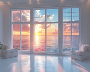 Sunset ocean view from large windows in a minimalist room.