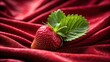 © lapeepon - A close-up shot of a ripe strawberry nestled in a lush green leaf amidst a crimson-red velvet texture, conveying freshness and vitality , velvet background, fruit
