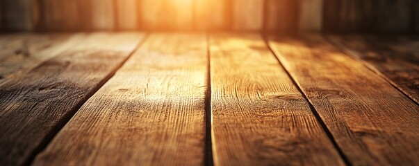 Poster - Empty wooden table illuminating by sunlight background