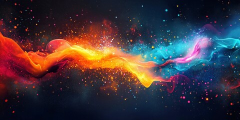 Wall Mural - burst of vibrant colors representing flowing energy waves in orange, blue, and pink on a dark backgr