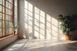 © Maria - A bright minimalist interior featuring a large window, natural light casting dynamic shadows on the floor and walls, complemented by green potted plants