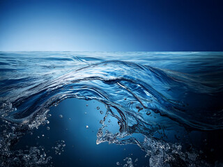 Poster - A captivating underwater scene.  The deep blue ocean waves gracefully curve, creating a mesmerizing contrast between the surface and depths.  Air bubbles rise, adding to the tranquil beauty.