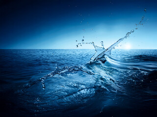 Poster - A dramatic ocean scene at sunset, featuring a dynamic water splash. The deep blue hues and the sun's reflection create a serene yet powerful image.