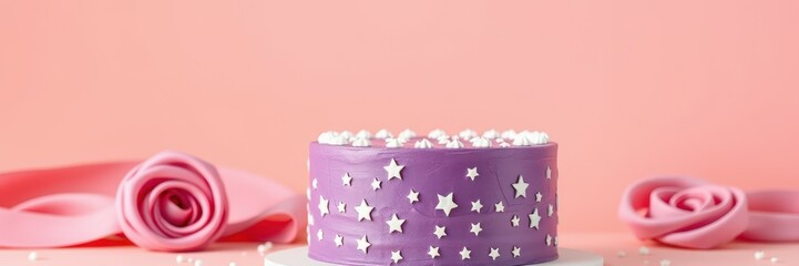Wall Mural - Purple cake decorated with stars and pink fondant roses on a pastel background for a special celebration