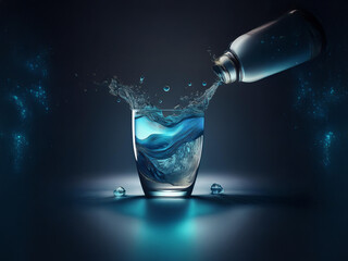 Leinwandbilder - A glass fills with vibrant blue liquid, splashing dynamically as it pours from a bottle.  Surrounding it, a subtle, ethereal glow enhances the scene's dramatic impact.