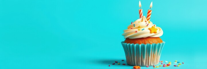 Wall Mural - Colorful birthday cupcake with candles and sprinkles on a bright blue background