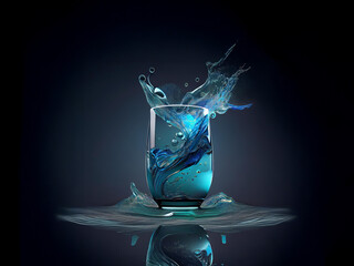 Leinwandbilder - Dynamic splash of vibrant blue liquid in a clear glass, reflecting on a dark surface.  The motion is captured in a dramatic, artistic way.