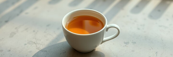 Warm cup of tea resting on a table with soft sunlight casting shadows in a cozy setting in the morning