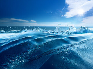 Poster - Ocean wave with splashes under a vibrant sunny sky.  The water is a deep blue, showing ripples and texture.