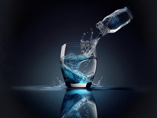 Leinwandbilder - Water pours from a bottle into a glass, creating dynamic splashes and reflections on a dark surface.  The scene is clean, minimalist, and emphasizes the movement of the liquid.