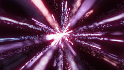 Wall Mural - a mesmerizing explosion of pink and purple light particles radiating outward, creating a surreal and