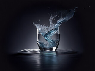 Leinwandbilder - Dynamic splash of water erupts from a clear glass, creating a mesmerizing, swirling effect against a dark background.  The reflection adds depth and tranquility to the scene.