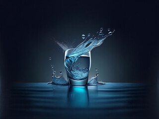 Poster - A glass of water, dramatically splashed, sits on a dark reflective surface.  The water's motion is frozen mid-splash, creating a sense of energy and purity.  The background is a deep blue.