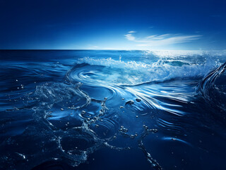 Poster - Dynamic ocean waves crash, creating a mesmerizing display of blue hues and sparkling water droplets under a vast sky.  The scene evokes a sense of power and serenity.