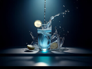 Poster - Refreshing lime water splashes dramatically in a glass, illuminated by a spotlight against a dark background.  Ice cubes and lime wedges add to the vibrant scene.