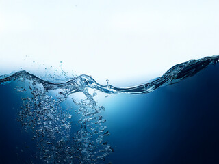 Poster - Dynamic water surface with splashes and bubbles against a bright background.  The underwater portion is a deep blue.  Clean and refreshing.
