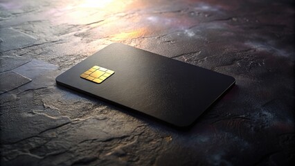 Wall Mural - A black credit card sits on a textured dark concrete surface, detailed close-up.