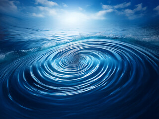 Leinwandbilder - A mesmerizing whirlpool in a deep blue ocean, swirling under a bright, partly cloudy sky.  The water's surface glistens, reflecting the sunlight.  A sense of mystery and depth pervades the scene.