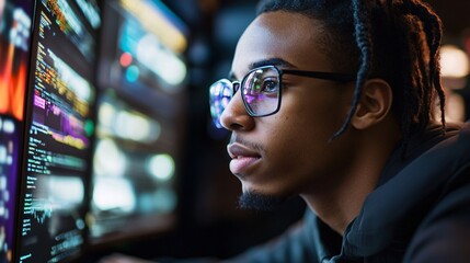 Fototapete - Focused programmer working on computer code in office at night