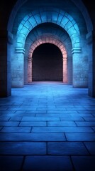 Canvas Print - Dark arched hallway with blue lighting.