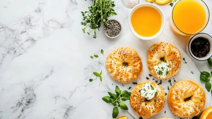 Wall Mural - Freshly baked bagel with Sesame seed isolated on white background,Everything bagels topped with cream cheese,New York style bagels for breakfast,Homemade freshly baked bagels,space for text.