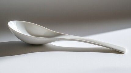 White ceramic spoon with long handle, cast shadow on white background.