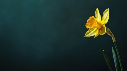Leinwandbilder - A bright yellow narcissus against a dark olive background, close-up shot, Minimalist style