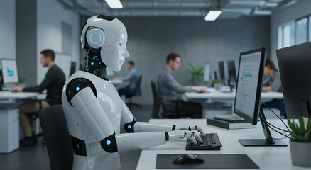 Robot, computer and office with ai, work and technology for automation, digital or futuristic. Artificial intelligence, workplace and employee with machine, learning or programming for job