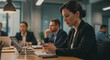 © Patrick - Business woman, phone and meeting for communication, work and technology in corporate office. Person, colleagues and team with strategy, planning or collaboration for business development