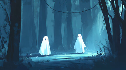 Wall Mural - Ethereal Spirits in a Mystical Forest, Two Ghosts Appear Calmly and Mysteriously in the Twilight