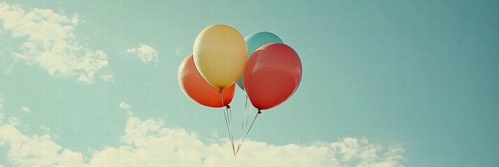 Poster - Colorful balloons floating high in a bright clear blue sky during a sunny day. Generative AI