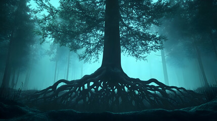 Wall Mural - Ancient Tree's Roots in a Misty Forest,  Exposing the Deep Secrets of Nature's Timeless Mysteries.