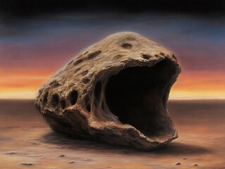 Canvas Print - Eroded rock formation resembling a gaping mouth in a desert landscape under a dramatic sunset sky.