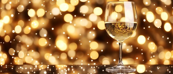 Wall Mural - Festive white wine glass against sparkling bokeh background.