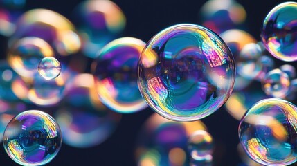 Poster - Colorful iridescent soap bubbles floating on dark background.