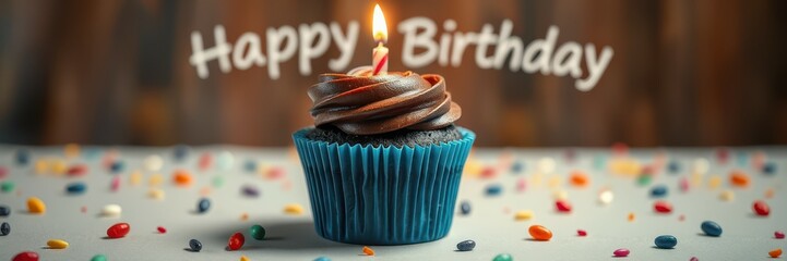 Wall Mural - Sweet chocolate cupcake with birthday candle and festive decorations for a joyful celebration