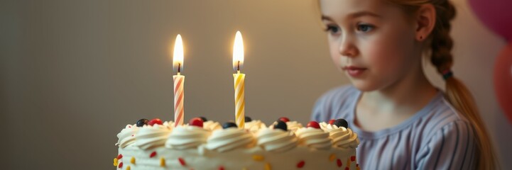 Wall Mural - Young girl celebrates her birthday with a beautifully decorated cake and glowing candles at a festive indoor gathering