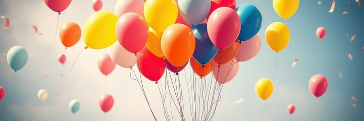 Wall Mural - Colorful balloons float in a clear blue sky during a festive celebration in the summer season