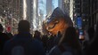 © Puchong - A colossal reptile creature roams through a bustling city street, captivating a crowd of onlookers.  Awe and wonder fill the air amidst towering skyscrapers.