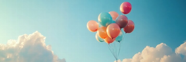 colorful balloons float gracefully in a bright blue sky above fluffy white clouds. generative ai
